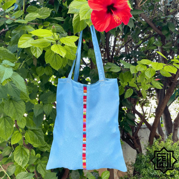 Tote Bag Sky Blue Handmade by Sarah – Traditional Palestinian Embroidery from Nablus